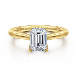Gabriel & Co. ER16712E6Y4JJJ 14 karat yellow gold Lotus engagement ring, front view of an emerald cut center with round ball tipped claws at its corners