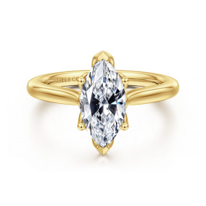Gabriel & Co. ER16712M6Y4JJJ 14 karat yellow gold Lotus engagement ring, front view of a marquise center with pointed end caps and small ball tipped prongs along its sides