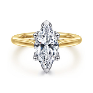 Gabriel & Co. ER16712M8M4JJJ 14 karat white and yellow gold Lotus engagement ring, front view of a marquise center with pointed end prongs and ball tipped claws on a smooth band