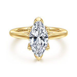 Gabriel & Co. ER16712M8Y4JJJ 14 karat yellow gold Lotus engagement ring, front view of a marquise center with pointed V tips at both ends and ball tipped prongs