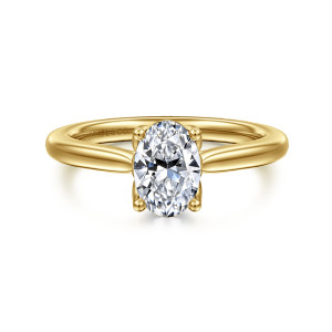 Gabriel & Co. ER16712O4Y4JJJ 14 karat yellow gold Lotus engagement ring, front view of an oval center between ball tipped prongs on a smooth band with swept shoulders