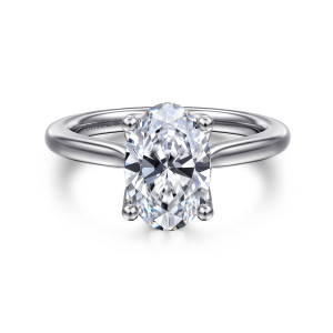 Gabriel & Co. ER16712O8PTJJJ platinum Lotus engagement ring, front view of an oval center held by ball tipped prongs above a smooth rounded band