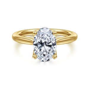 Gabriel & Co. ER16712O8Y4JJJ 14 karat yellow gold Lotus engagement ring, front view of an oval center with ball tipped prongs and a smooth band rising to the head