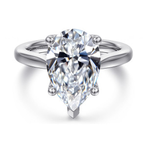 Gabriel & Co. ER16712P17W4JJJ 14 karat white gold Lotus engagement ring, front view of a pear shaped center with ball tipped prongs and a V tip at the point