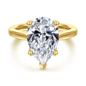 Gabriel & Co. ER16712P17Y4JJJ 14 karat yellow gold Lotus engagement ring, front view of a pear shaped center held by ball tipped prongs and a pointed tip prong