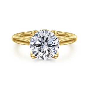 Gabriel & Co. ER16712R12Y4JJJ 14 karat yellow gold Lotus engagement ring, front view of a round center held by ball tipped prongs on a smooth band