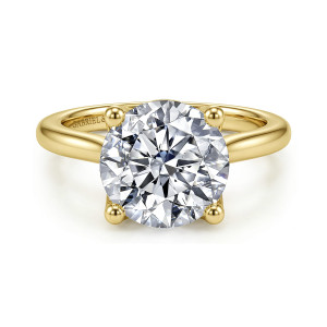 Gabriel & Co. ER16712R16Y4JJJ 14 karat yellow gold Lotus engagement ring, front view of a round center held by four ball tipped prongs above smoothly rising shoulders
