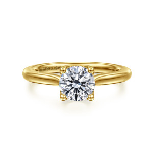 Gabriel & Co. ER16712R4Y4JJJ 14 karat yellow gold Lotus engagement ring, front view of a round center in ball tipped prongs on a smooth band narrowing at the shoulders