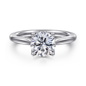 Gabriel & Co. ER16712R6W4JJJ 14 karat white gold Lotus engagement ring, front view of a round center in four ball tipped prongs with plain band shoulders either side