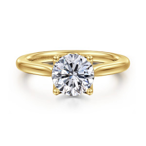 Gabriel & Co. ER16712R6Y4JJJ 14 karat yellow gold Lotus engagement ring, front view of four small ball tipped prongs around a round center with a smooth band behind