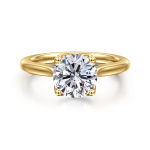 Gabriel & Co. ER16712R8Y4JJJ 14 karat yellow gold Lotus engagement ring, front view of a round center gripped by four ball tipped prongs with band shoulders behind it