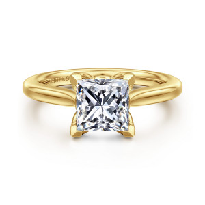 Gabriel & Co. ER16712S6Y4JJJ 14 karat yellow gold Lotus engagement ring, front view of a princess cut center in square corner prongs with scroll tips at the base