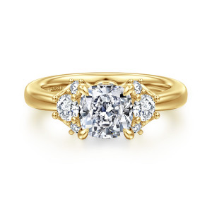 Gabriel & Co. ER16714C6Y44JJ 14 karat yellow gold Lotus engagement ring, front view of a cushion cut center between two clusters of round diamonds