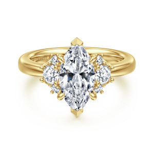 Gabriel & Co. ER16714M6Y44JJ 14 karat yellow gold Lotus engagement ring, front view of a marquise center with a cluster of three round diamonds on each side