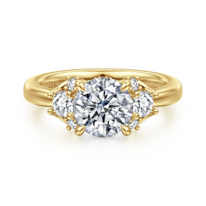 Gabriel & Co. ER16714R6Y44JJ 14 karat yellow gold Lotus engagement ring, front view of a round center with a larger round diamond and two small stones per side