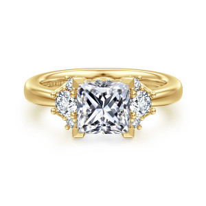 Gabriel & Co. ER16714S6Y44JJ 14 karat yellow gold Lotus engagement ring, front view of a square center between a fan of round stones on each shoulder