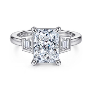 Gabriel & Co. ER16715N12W43JJ 14 karat white gold Contemporary engagement ring, front view of an upright radiant cut center between trapezoid side diamonds in square bezels