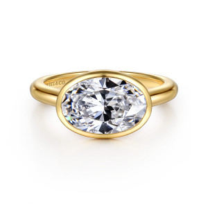 Gabriel & Co. ER16717O8Y4JJJ 14 karat yellow gold Contemporary engagement ring, front view of an oval center lying east to west in a smooth bezel on a plain band
