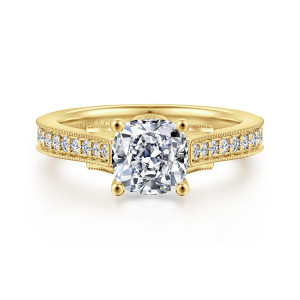Gabriel & Co. ER16720C6Y44JJ 14 karat yellow gold Lotus engagement ring, front view of a cushion center in four ball tipped prongs above beaded shoulders set with round stones