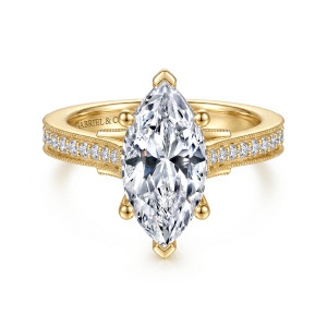 Gabriel & Co. ER16720M12Y44JJ 14 karat yellow gold Lotus engagement ring, front view of a marquise center with pointed end prongs and milgrain edged shoulders