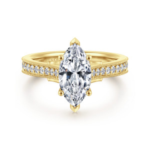 Gabriel & Co. ER16720M6Y44JJ 14 karat yellow gold Lotus engagement ring, front view of a marquise center with pointed end prongs above beaded band edges