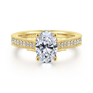 Gabriel & Co. ER16720O6Y44JJ 14 karat yellow gold Lotus engagement ring, front view of an oval center in four ball tipped prongs above beaded shoulders