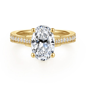 Gabriel & Co. ER16720O8Y44JJ 14 karat yellow gold Lotus engagement ring, front view of an oval center in four ball tipped prongs above beaded edged shoulders
