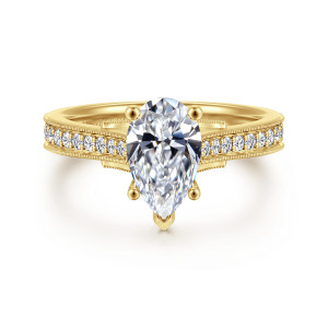 Gabriel & Co. ER16720P6Y44JJ 14 karat yellow gold Lotus engagement ring, front view of a pear center with ball tipped prongs above a beaded edge row of small diamonds