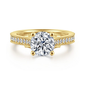 Gabriel & Co. ER16720R6Y44JJ 14 karat yellow gold Lotus engagement ring, front view of a round center held by four ball tipped prongs above diamond set shoulders