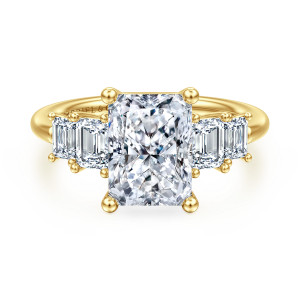 Gabriel & Co. ER16721N12Y43JJ 14 karat yellow gold Contemporary engagement ring, front view of a rectangular center with trimmed corners and bead tipped prongs