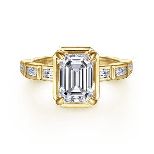 Gabriel & Co. ER16722E8Y43JJ 14 karat yellow gold Contemporary engagement ring, front view of the rectangular frame with a claw at each corner and boxed baguettes