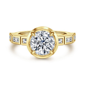 Gabriel & Co. ER16722R6Y43JJ 14 karat yellow gold Contemporary engagement ring, front view of a round center in a flat collar with baguette bezels on both shoulders