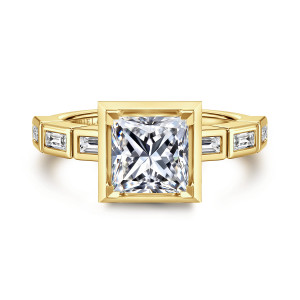 Gabriel & Co. ER16722S6Y43JJ 14 karat yellow gold Contemporary engagement ring, front view of a princess cut center in a square mitered frame with baguette stones