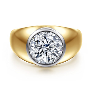 Gabriel & Co. ER16723R12M4JJJ 14 karat white and yellow gold Contemporary engagement ring, front view of a round center in a thick bezel rim on a wide smooth band