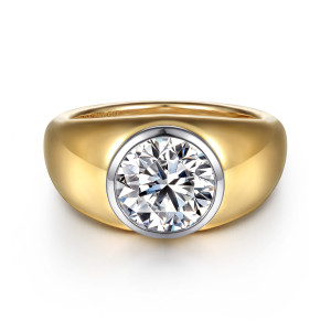 Gabriel & Co. ER16723R8M4JJJ 14 karat white and yellow gold Contemporary engagement ring, front view of a round center in a bezel of contrasting tone on a wide domed band