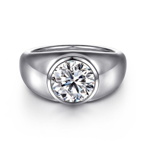 Gabriel & Co. ER16723R8W4JJJ 14 karat white gold Contemporary engagement ring, front view of a round center in a full smooth bezel on a broad polished band