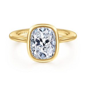 Gabriel & Co. ER16728G12Y4JJJ 14 karat yellow gold Contemporary engagement ring, front view of the elongated cushion center in a thick bezel with a maker's mark inside the band
