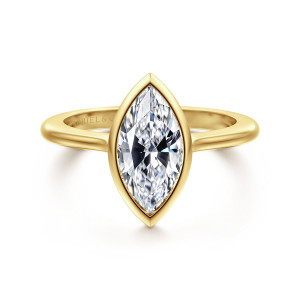 Gabriel & Co. ER16728M6Y4JJJ 14 karat yellow gold Contemporary engagement ring, front view of a smooth bezel following the pointed ends of a marquise center