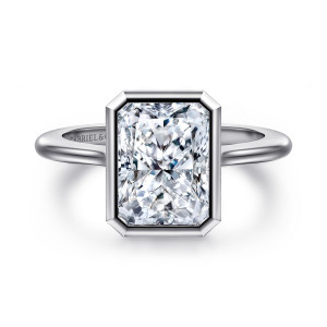 Gabriel & Co. ER16728N12W4JJJ 14 karat white gold Contemporary engagement ring, front view of a radiant cut center wrapped in a bezel with clipped corners