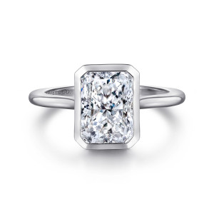 Gabriel & Co. ER16728N8W4JJJ 14 karat white gold Contemporary engagement ring, front view of a full bezel with trimmed corners around a rectangular center