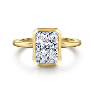 Gabriel & Co. ER16728N8Y4JJJ 14 karat yellow gold Contemporary engagement ring, front view of a rectangular center in a smooth bezel with clipped corners
