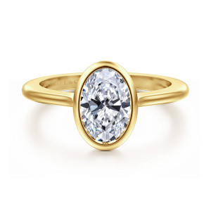 Gabriel & Co. ER16728O6Y4JJJ 14 karat yellow gold Contemporary engagement ring, front view of an oval center inside a smooth polished bezel rim with a plain band