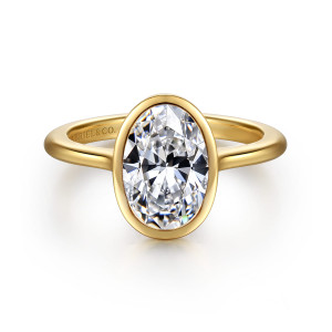 Gabriel & Co. ER16728O8Y4JJJ 14 karat yellow gold Contemporary engagement ring, front view of an oval center wrapped in a smooth bezel rim