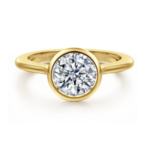 Gabriel & Co. ER16728R6Y4JJJ 14 karat yellow gold Contemporary engagement ring, front view of a round center held in a smooth bezel collar on a plain band
