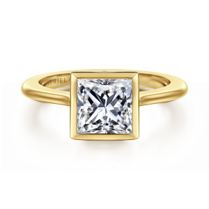 Gabriel & Co. ER16728S6Y4JJJ 14 karat yellow gold Contemporary engagement ring, front view of a princess cut center wrapped in a flat rimmed square bezel