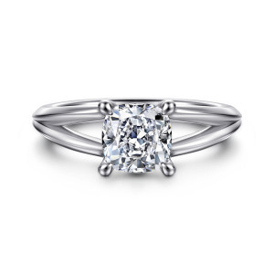 Gabriel & Co. ER16730C6W4JJJ 14 karat white gold Contemporary engagement ring, front view of a cushion cut center with rounded prongs above a band that divides into slim strands