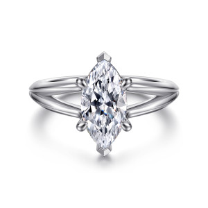 Gabriel & Co. ER16730M6W4JJJ 14 karat white gold Contemporary engagement ring, front view of a marquise center above a shank splitting into smooth strands on both shoulders