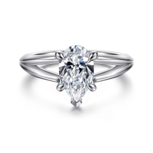 Gabriel & Co. ER16730P6W4JJJ 14 karat white gold Contemporary engagement ring, front view of a pear shaped center with a V tip prong above a shank parting into arms