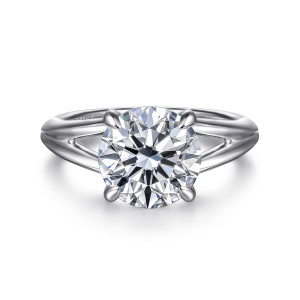 Gabriel & Co. ER16730R12W4JJJ 14 karat white gold Contemporary engagement ring, front view of a round center in claw prongs with the band splitting into strands on each side