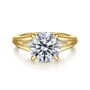 Gabriel & Co. ER16730R12Y4JJJ 14 karat yellow gold Contemporary engagement ring, front view of a round center on teardrop prongs with the band parting into strands on each side